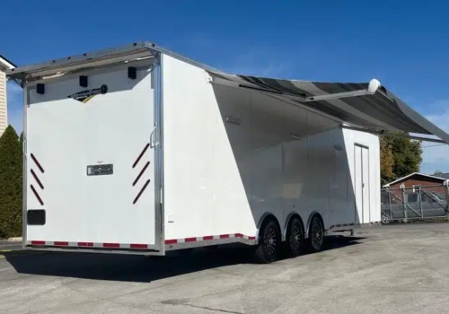 Enclosed Car Trailer 2025 34ft. w/Large Corner Bathroom, Electric Awning, Aluminum Wheels, & More! 0178